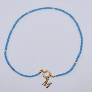 COLLAR MUJER PIEDRAS FACETADAS AZUL VERDOSO CIERRE MARINERO INICIAL DORADA