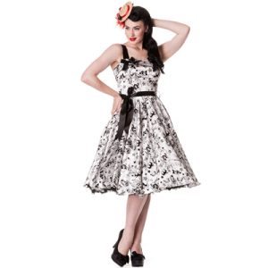 Tattoo Flock – Vestido rockabilly blanco con adornos negros