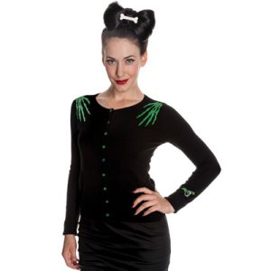 Doomed – Cardigan negro con bordados verdes de esqueleto