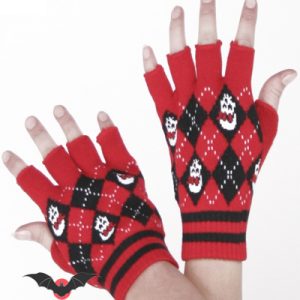 Daisy Skulls – Guantes emo sin dedos y calaveras en color rojo y negro
